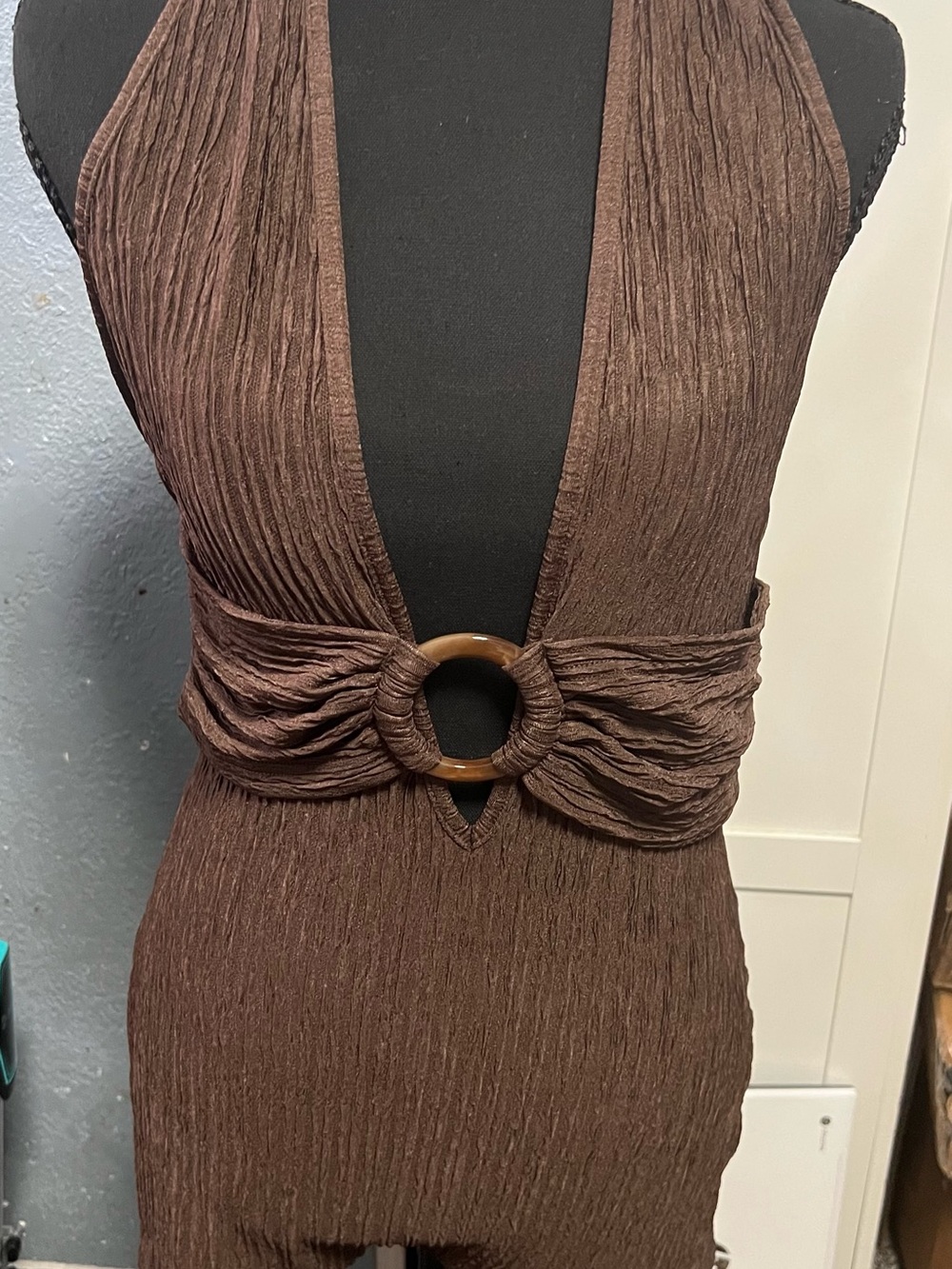 Brown Halter Ring-Detail Women's Dress